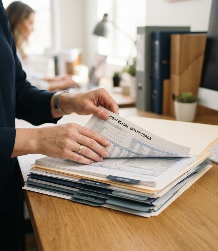 Close-up of professional hands neatly organizing medical billing files on a clean wooden desk, bright natural office daylight, 35mm
