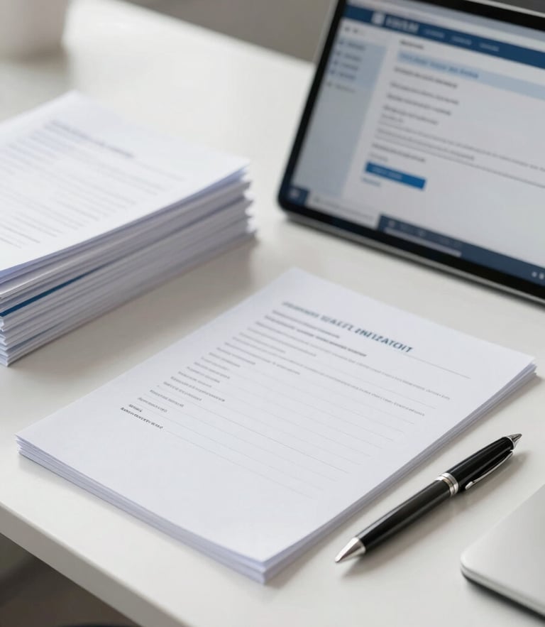 A clean professional desk with organized files, a high-end pen, and a tablet displaying secure credentialing software in soft morning light.