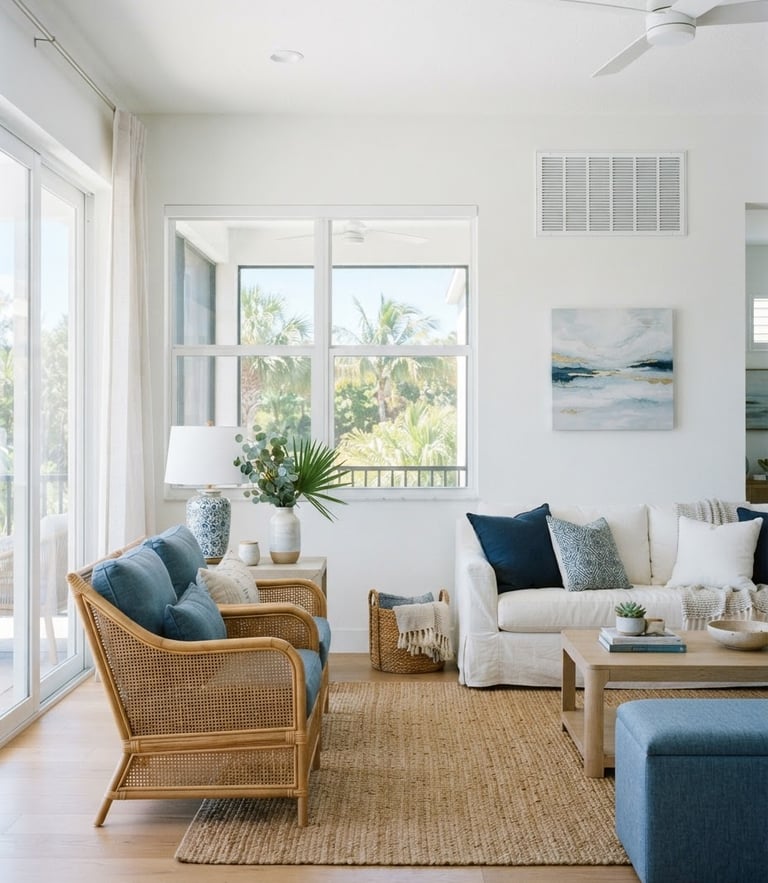 Bright sunlit coastal Florida living room, high-key airy daylight, clean modern white and blue interior, pristine air vent visible on the wall, 35mm photography