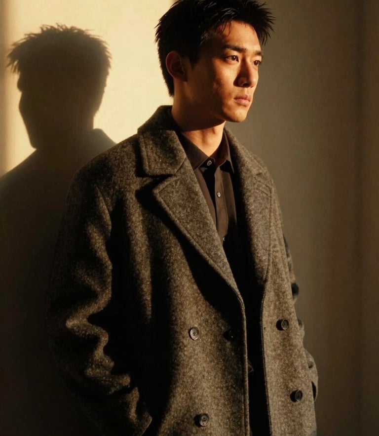 Moody low-key portrait of a stylish man in a tailored charcoal overcoat, warm golden-hour side lighting, deep shadows, 35mm editorial photography