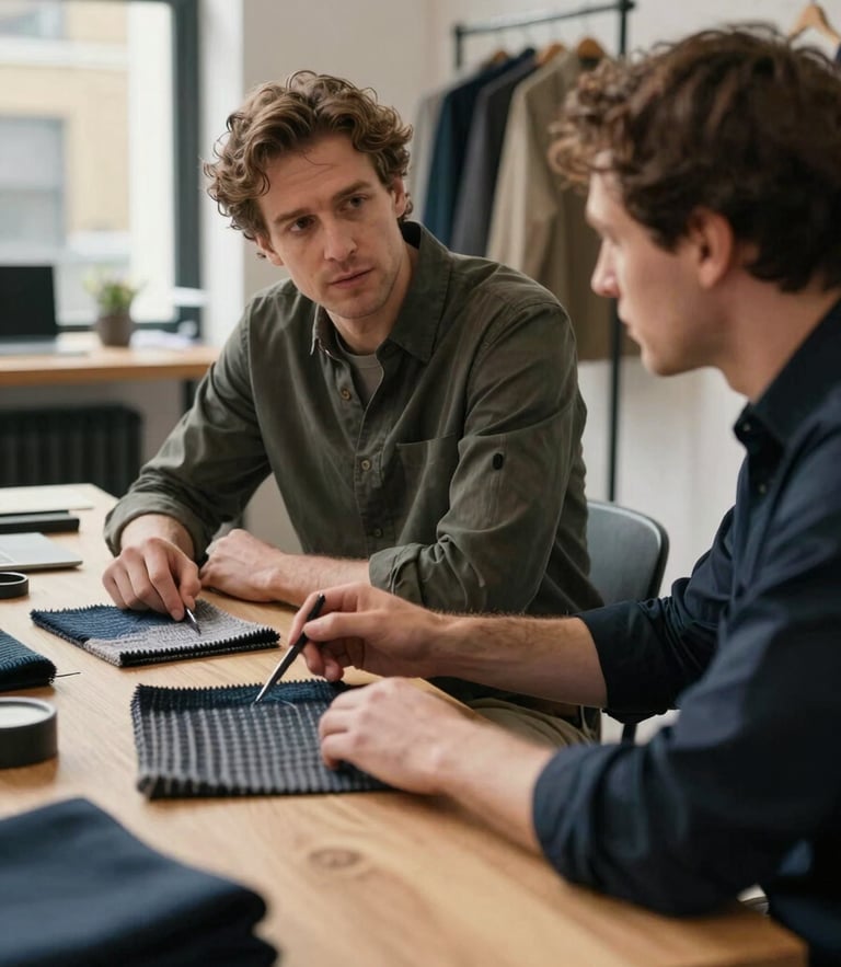 Cinematic natural light shot of two men in a modern creative workspace in London, discussing apparel textures on a wooden table, professional setting.