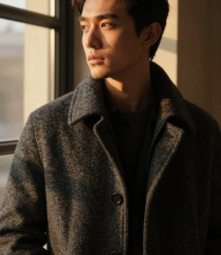 Close-up portrait of a stylish man in a textured charcoal wool coat, looking thoughtfully to the side, warm golden-hour window light, shallow depth of field, 35mm photography.