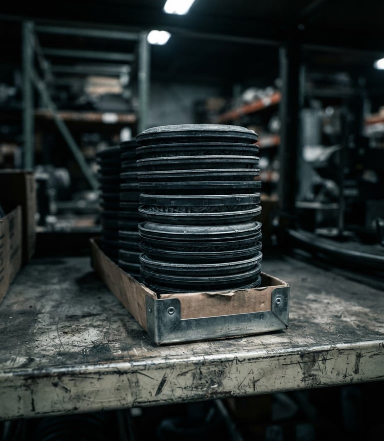 Macro shot of heavy-duty NIOSH-rated respirator filters stacked on a steel warehouse shelf, harsh industrial lighting, high contrast
