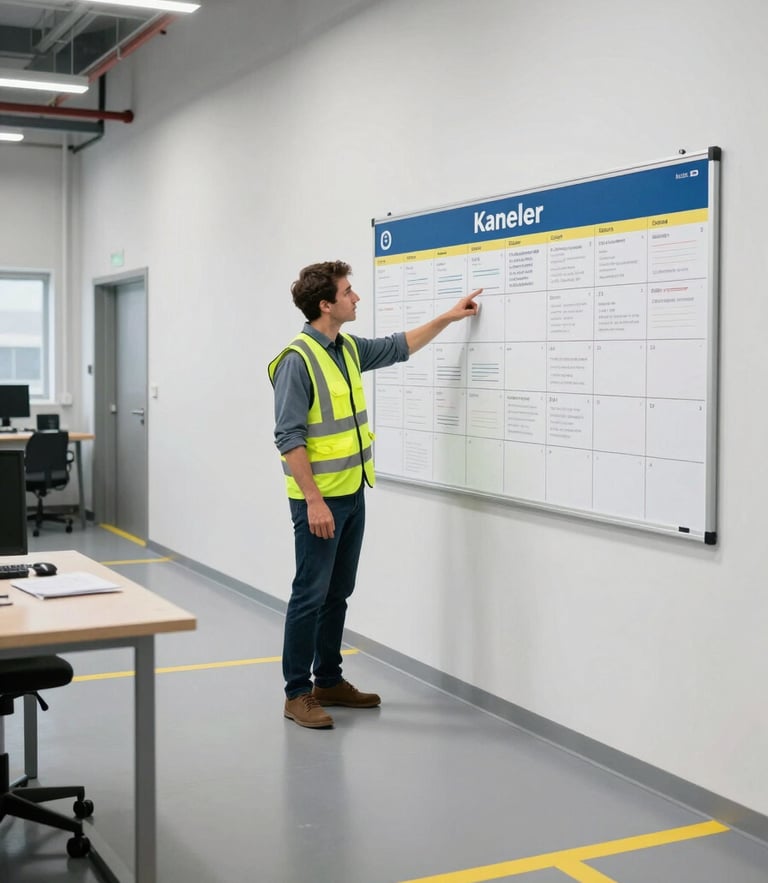 Medium-wide shot of a clean, structured industrial workspace with high-visibility safety lines. A consultant in a safety vest points to a visual Kanban board, bright natural daylight.
