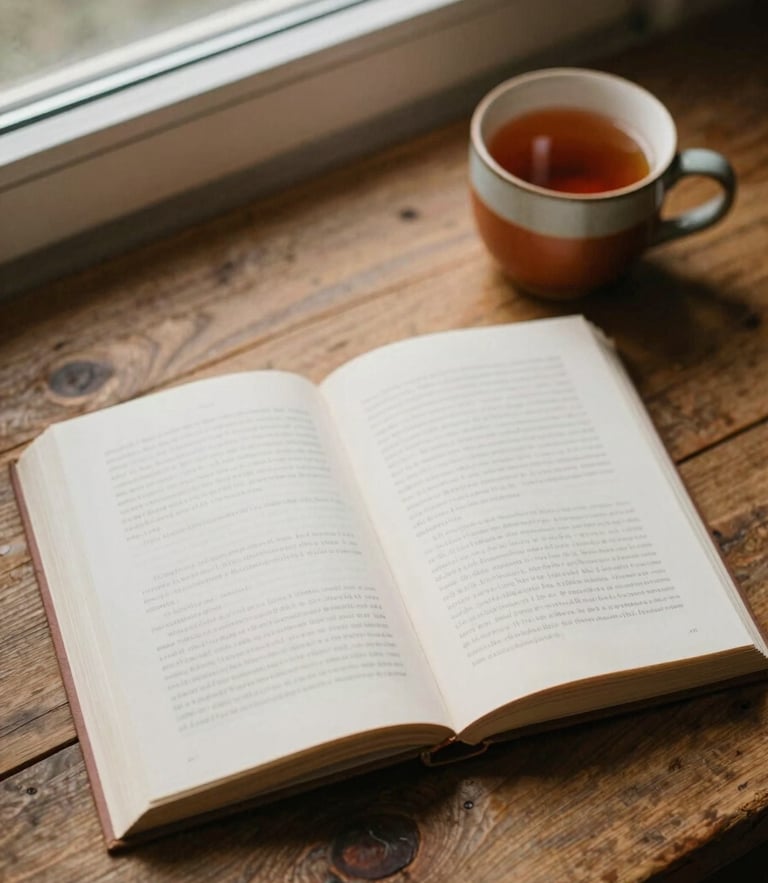 Overhead flatlay of an open hardcover book showing textured paper pages, resting on a rustic wooden table next to a warm ceramic mug of tea, soft morning window light, warm earthy tones, 35mm film grain.