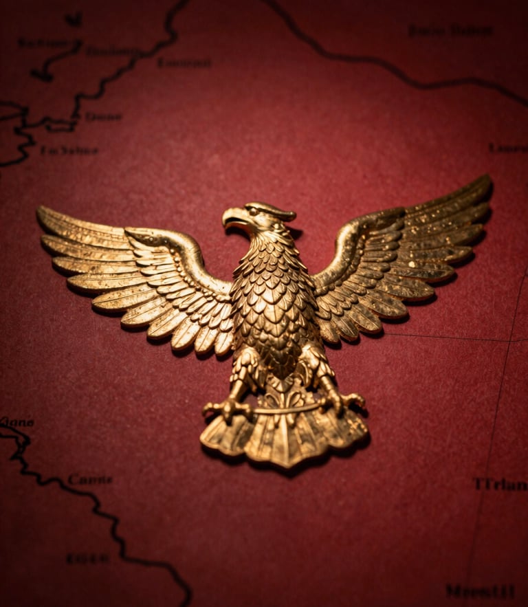 Macro shot of gold-foiled Roman eagle crest on heavy archival map, dramatic side-lighting, deep crimson shadows, 35mm