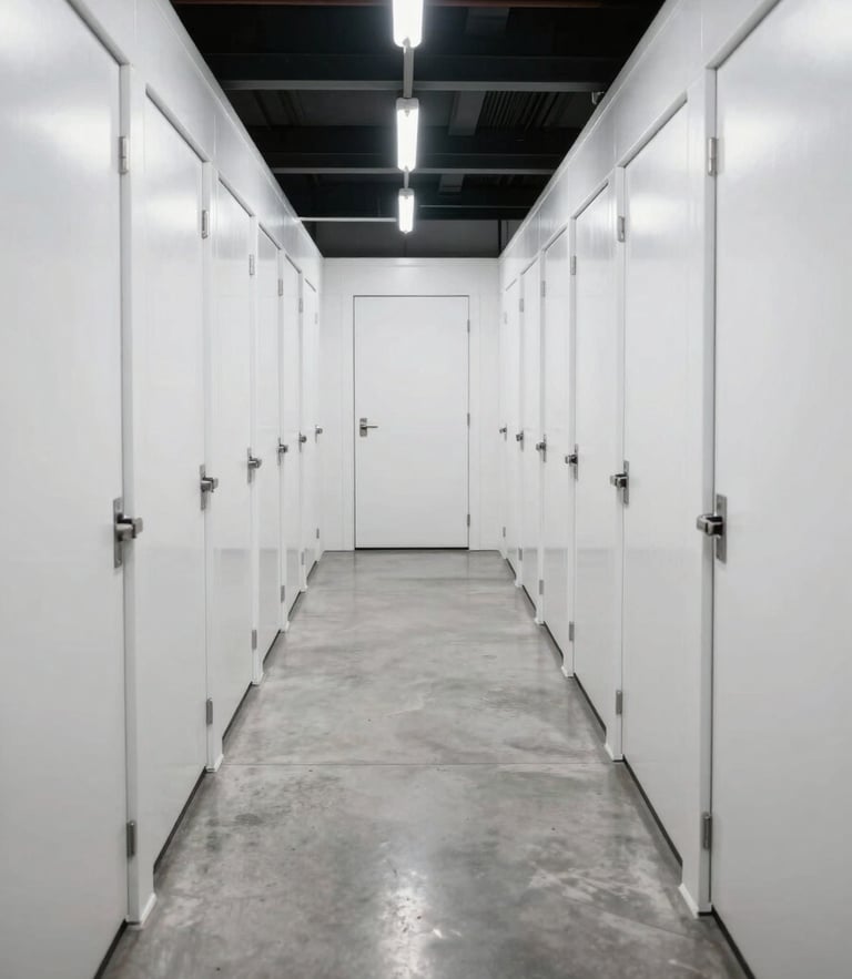 Straight-on symmetrical shot of a brightly lit, immaculate self-storage corridor with clean white doors and polished concrete floors.