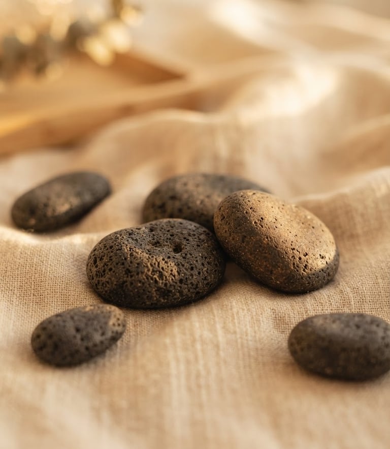 Close-up of warm volcanic stones resting on clean linen, soft diffused golden-hour light, muted gold and beige tones