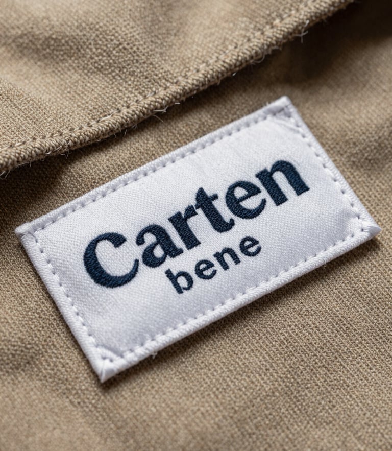 Extreme macro detail of a custom woven neck label being stitched onto a heavy cotton garment, showing precise thread texture and clean typography.