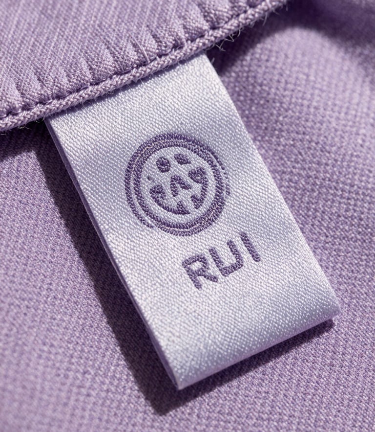 Extreme close-up of a custom-milled organic cotton garment tag stitched with dusty lavender thread, soft natural daylight highlighting fabric texture