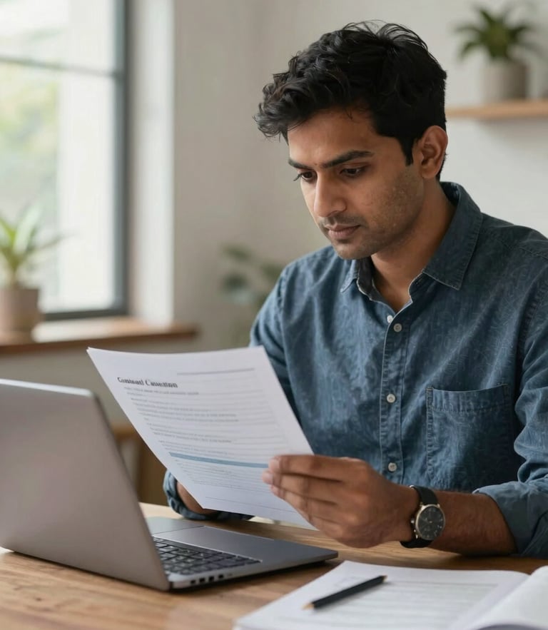 A focused Indian professional reviews digital curriculum documents on a laptop in a bright, modern home office with natural daylight.