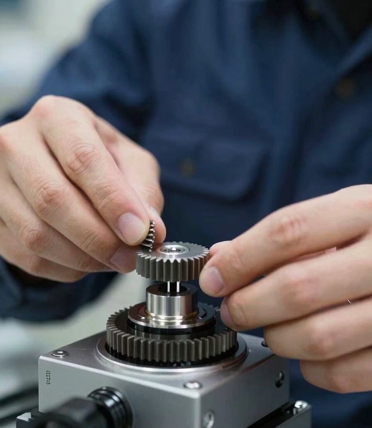 Close-up macro shot of a technician in a clean, dark blue uniform calibrating a commercial automatic shutter gear system, sharp focus on metal teeth, bright daylight lighting.
