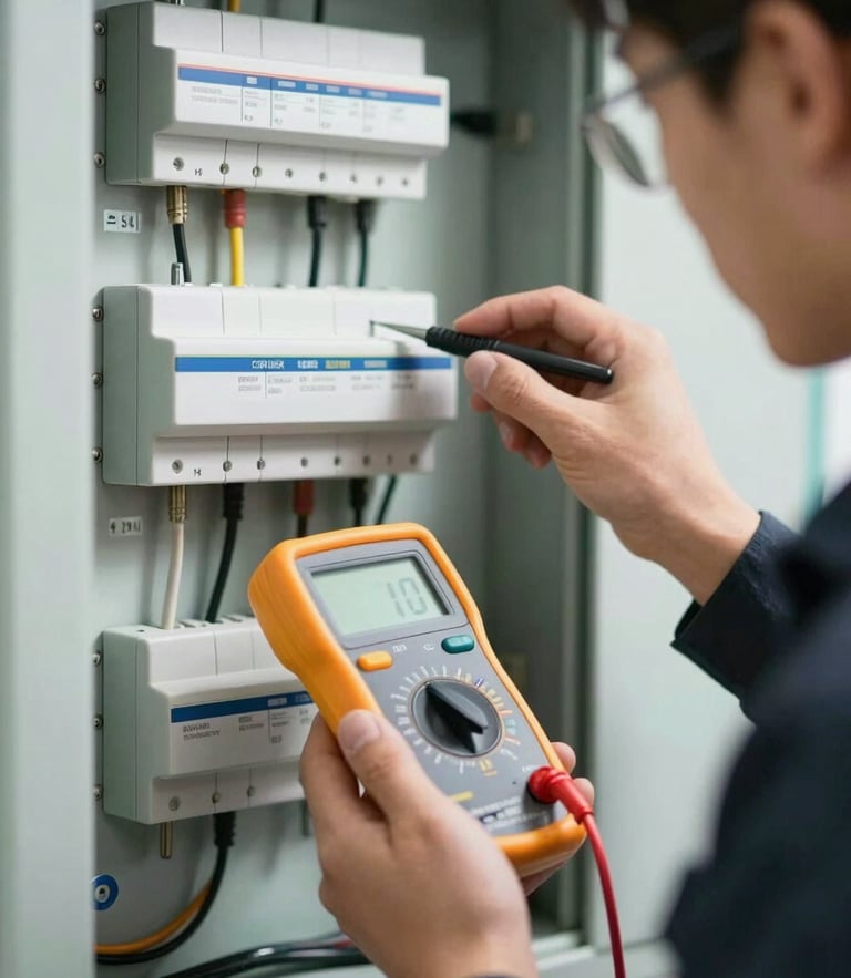 Close-up macro shot of a certified technician in a dark uniform testing a modern electrical distribution board with a digital multimeter, bright clean daylight.