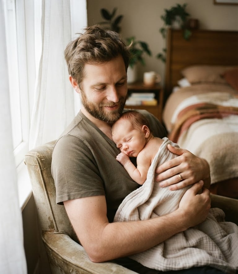 Warm editorial photography of a father holding a newborn skin-to-skin near a window, soft natural morning light, muted earth tones, intimate atmosphere.