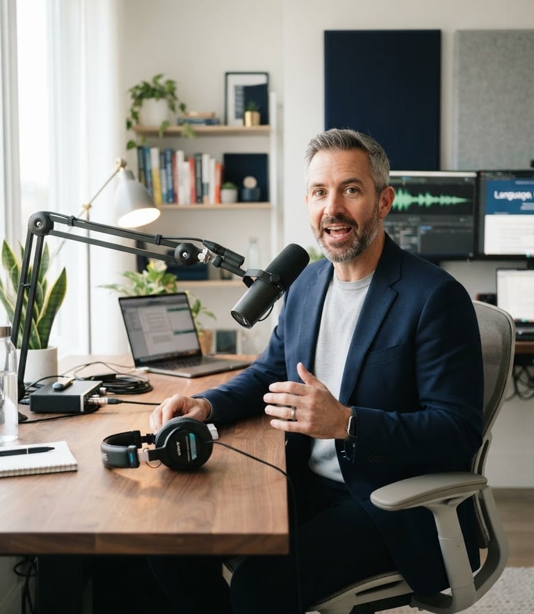 A professional male language educator speaking into a high-end microphone in a clean, modern studio workspace, soft daylight, navy accents, 35mm