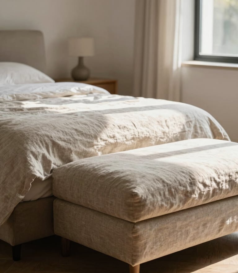 A close-up of a tailored Belgian linen ottoman bed unfolding quietly in a sunlit architectural living room, soft morning side-light, deep shadows