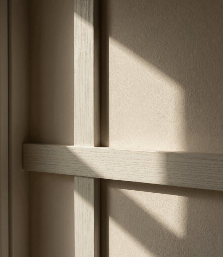 Macro architectural crop of a sunlit plaster wall, soft window side-light casting deep shadows onto a white oak joint, warm editorial photography, 50mm lens.
