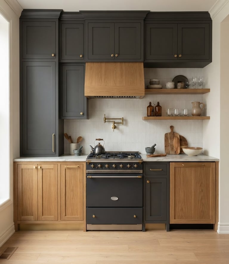 Straight-on architectural elevation of a renovated kitchen with brushed brass hardware, custom wood cabinetry under soft morning light