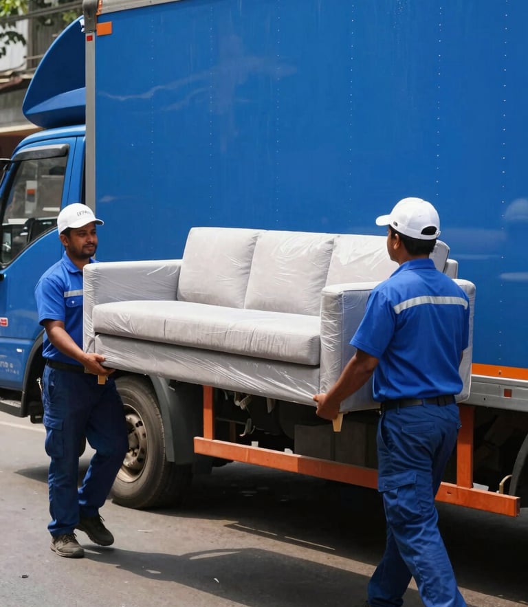A professional, uniformed DTC moving crew in bright daylight, carefully carrying a wrapped modern sofa near a clean blue transport truck on a Bangalore street.