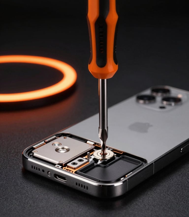 Macro shot of a high-tech precision screwdriver repairing an iPhone interior on a clean black workbench, orange neon rim lighting, sharp focus, 8k