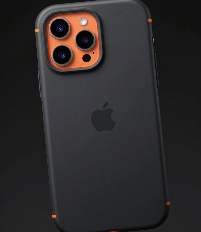 Sleek matte black iPhone case with subtle orange accents, high-contrast studio lighting, dark background, sharp focus, 8k resolution
