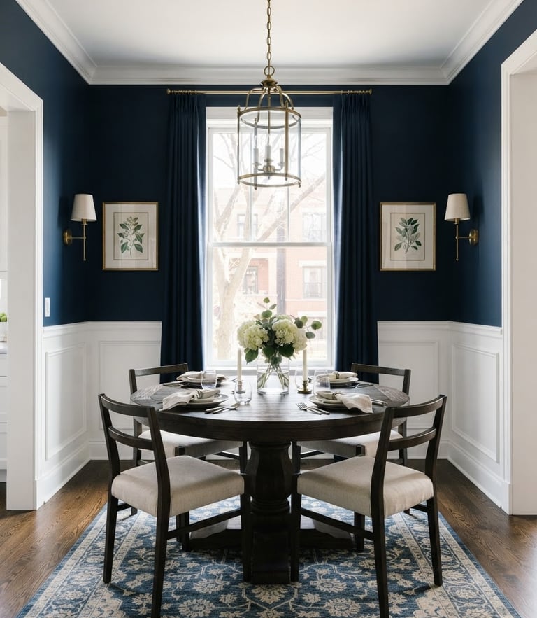 Straight-on architectural shot of a bright Chicago dining room with crisp white wainscoting and deep navy walls, natural window light.