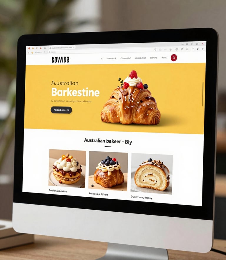 A flat straight-on browser mockup displaying a vibrant modern Australian bakery website on a clean desktop screen, natural bright daylight, high saturation.