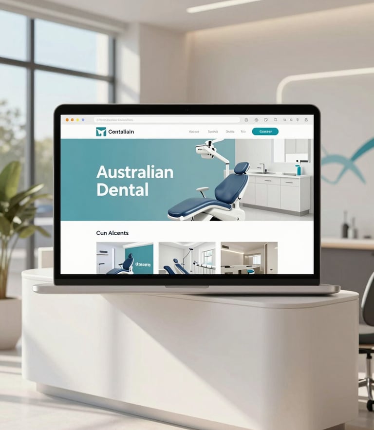 Flat portrait browser mockup of a modern Australian dental clinic website, bright daylight, clean modern reception area.