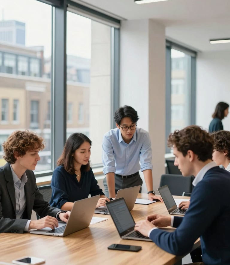 Bright editorial photography of a modern London workspace with large windows, professionals collaborating around a wooden table, daylight, shallow depth of field, 35mm