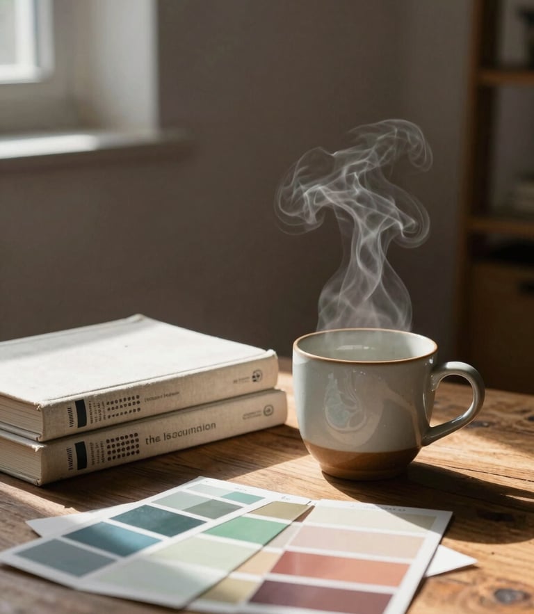 A quiet studio corner in soft morning daylight, steam rising from a ceramic cup next to linen-bound brand books and color swatches on a wooden table.