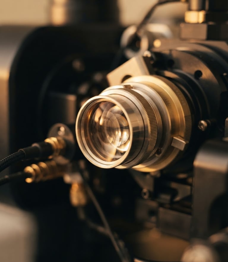 Macro photograph of a precise diagnostic laser interface, warm gold and champagne light reflecting off polished glass, shallow depth of field, 35mm