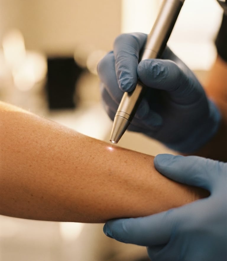 Extreme close-up of a precise clinical laser treatment on skin, soft warm golden-hour light, champagne tones, shallow depth of field, 35mm