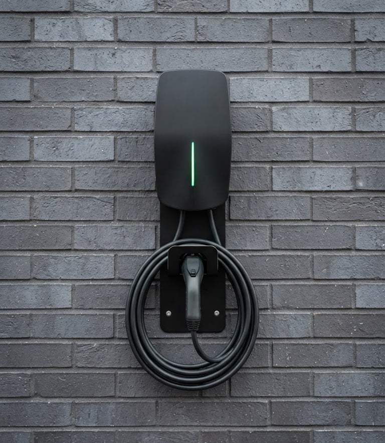 A clean architectural photo of a modern black EV charging station neatly mounted on a dark grey brick wall, bright overcast daylight, cool slate tones, sharp focus, 35mm.