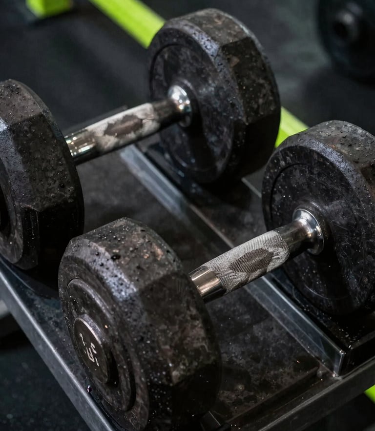 Close-up of heavy iron dumbbells stacked on a steel rack, high-contrast gym lighting, deep shadows, gritty athletic texture, 35mm lens.