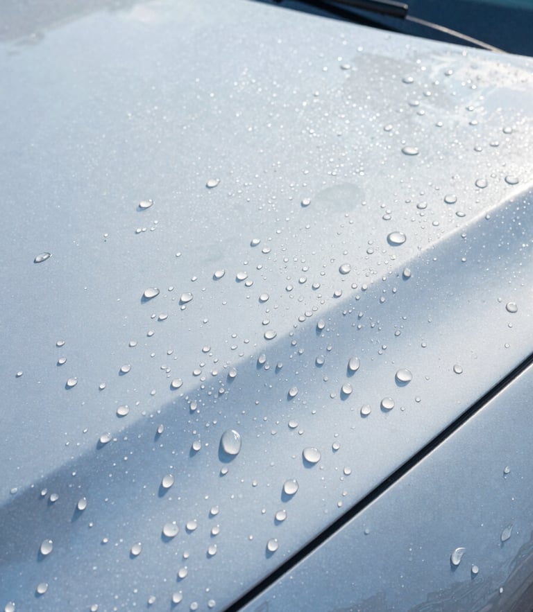 Macro shot of water droplets beaded perfectly on a freshly washed car hood, reflecting bright daylight, showcasing a flawless spot-free osmosed water finish