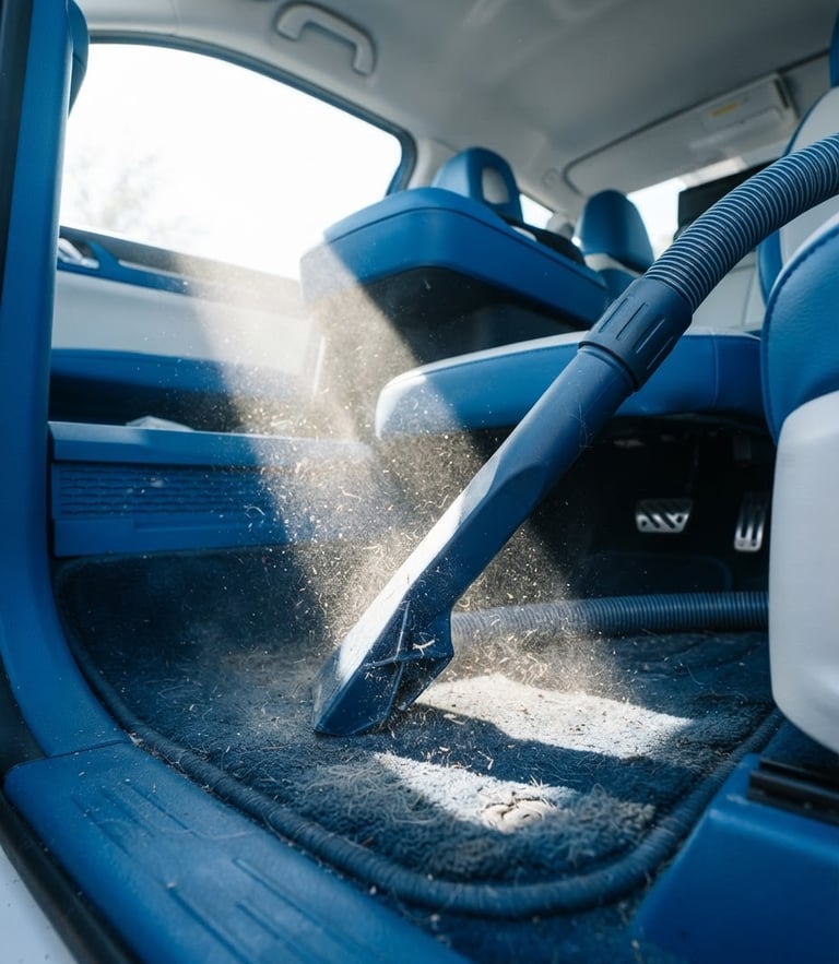 Crisp commercial photography of a high-power industrial vacuum nozzle inside a clean car interior, bright natural daylight, vibrant blues, high-speed shutter capturing dust particles in a sunbeam, 50mm