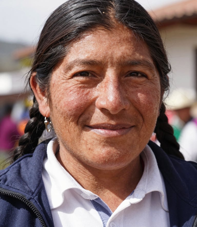Close-up portrait of a smiling Peruvian community leader in bright natural daylight, warm editorial photography, authentic human moment