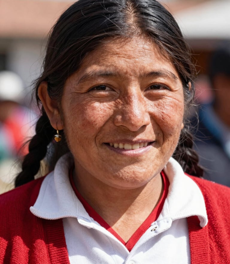 Close-up portrait of a smiling Peruvian community leader in bright natural daylight, warm editorial photography style.