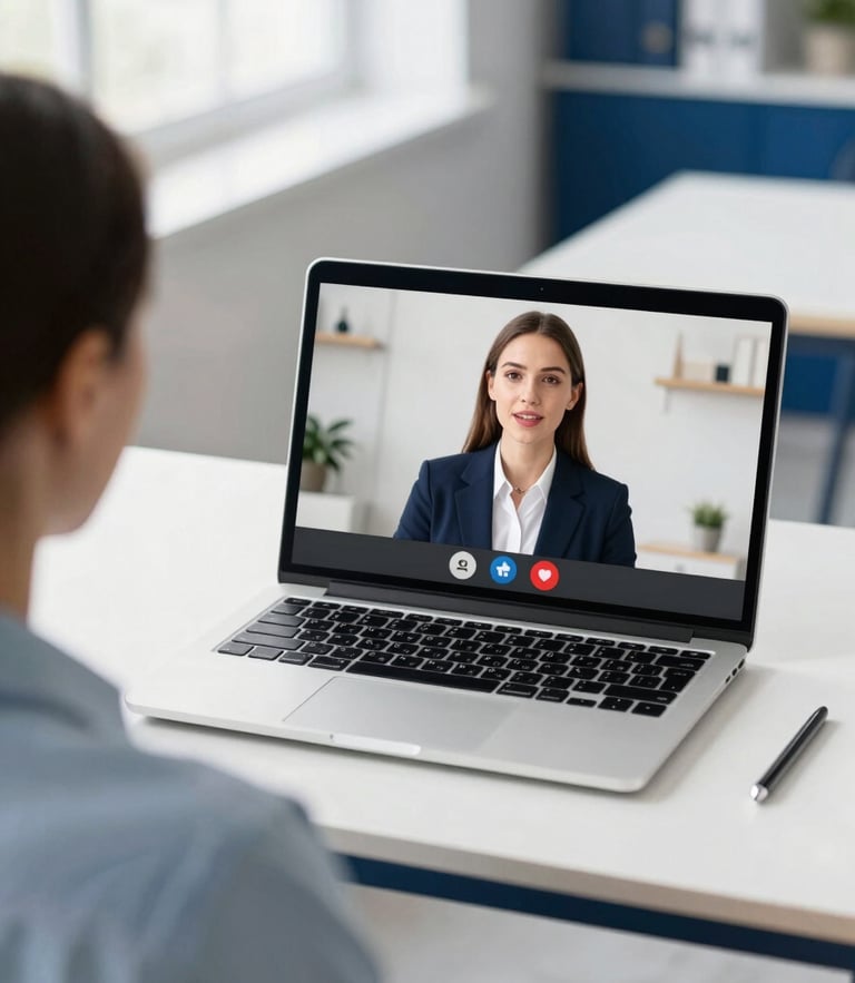 Over-the-shoulder view of a professional video call on a laptop screen, clean modern workspace, soft natural daylight, navy blue accents