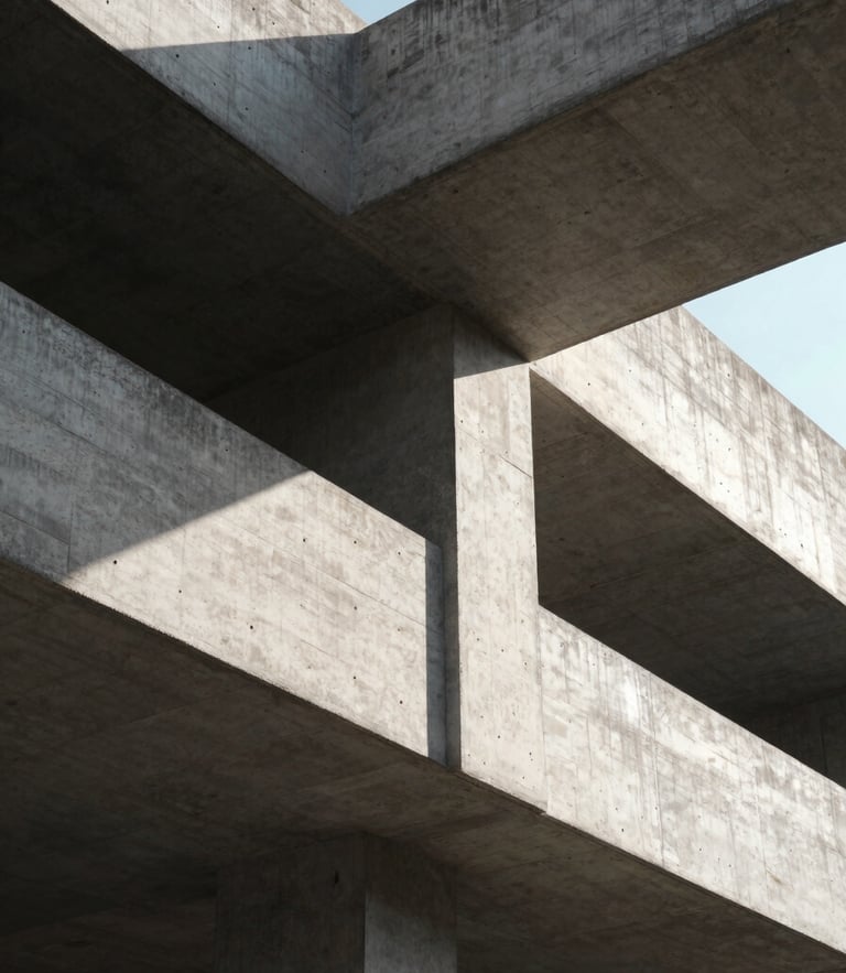 Low-angle architectural photography of a raw concrete cantilever structure, high-contrast afternoon sun casting sharp geometric shadows, sharp structural details, 35mm lens