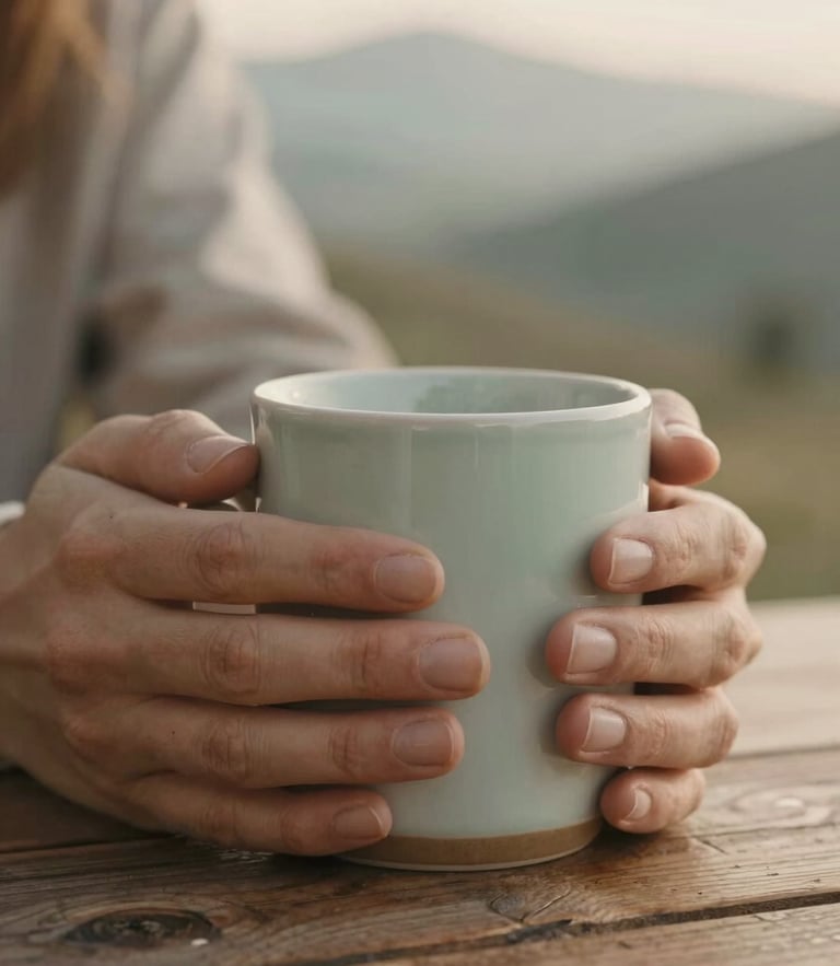 Close-up of hands holding a warm ceramic mug on a rustic wooden table, soft morning light, shallow depth of field, desaturated sage tones