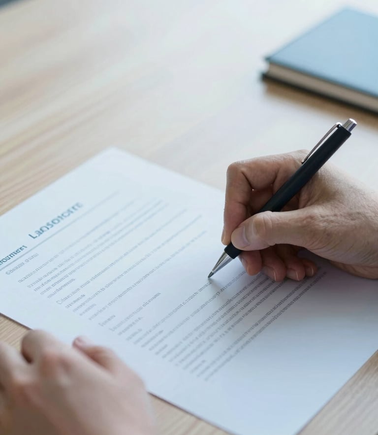 A close-up of hands signing a clean digital document on a wooden desk, soft corporate lighting, sharp focus, cool blue tones