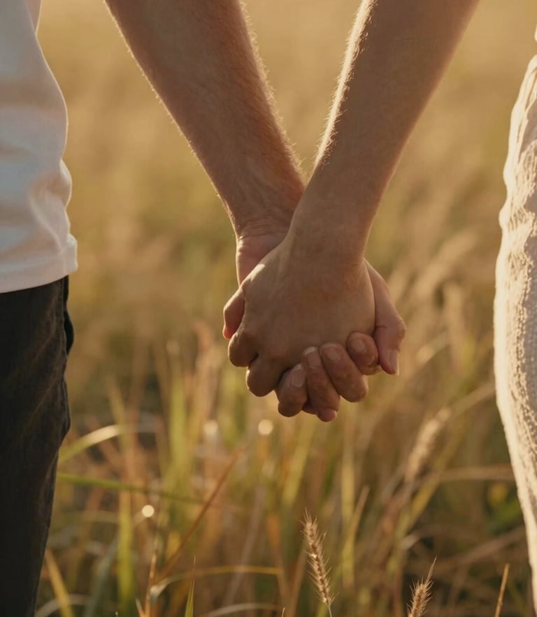 Candid close-up of a couple holding hands while walking through tall, sun-baked grass, warm golden hour light illuminating stray hairs, cinematic depth.