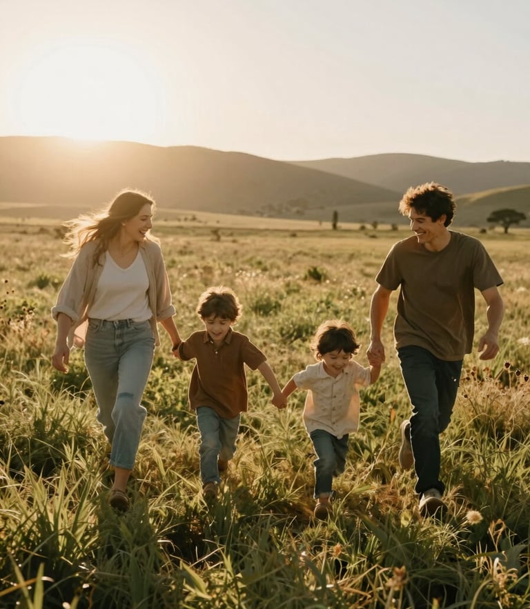 A warm, sun-drenched environmental portrait of a young family running through a wild California field at golden hour, low-angle sun flare, unposed laughter.