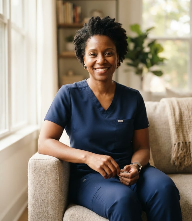 Editorial portrait of a professional African American female nurse with dark skin, wearing crisp clinical scrubs, smiling warmly in a beautifully lit modern home setting, soft natural window light, shallow depth of field, 35mm.