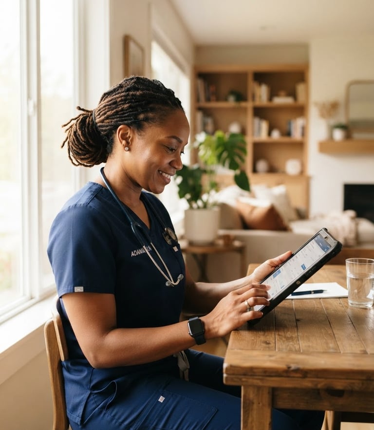 A professional female registered nurse of African American descent with dark skin, wearing crisp navy blue scrubs, holding a clinical tablet in a warm, beautifully lit modern home setting, soft natural window light, shallow depth of field