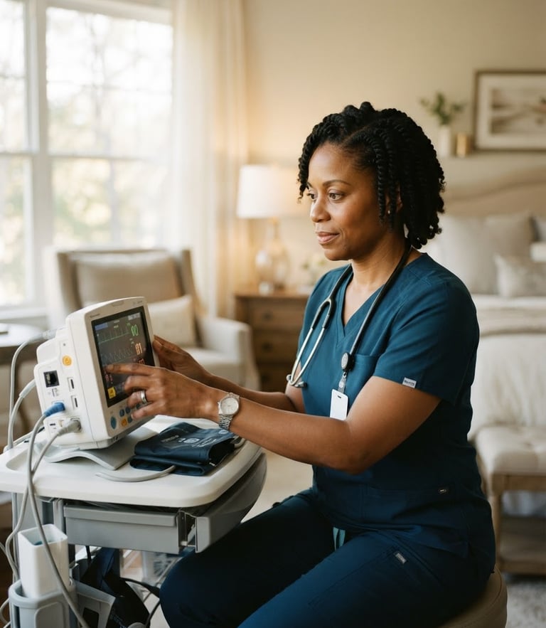 A professional African American female registered nurse in clean scrubs adjusting a clinical monitor with warm natural window light in an elegant home, shallow depth of field