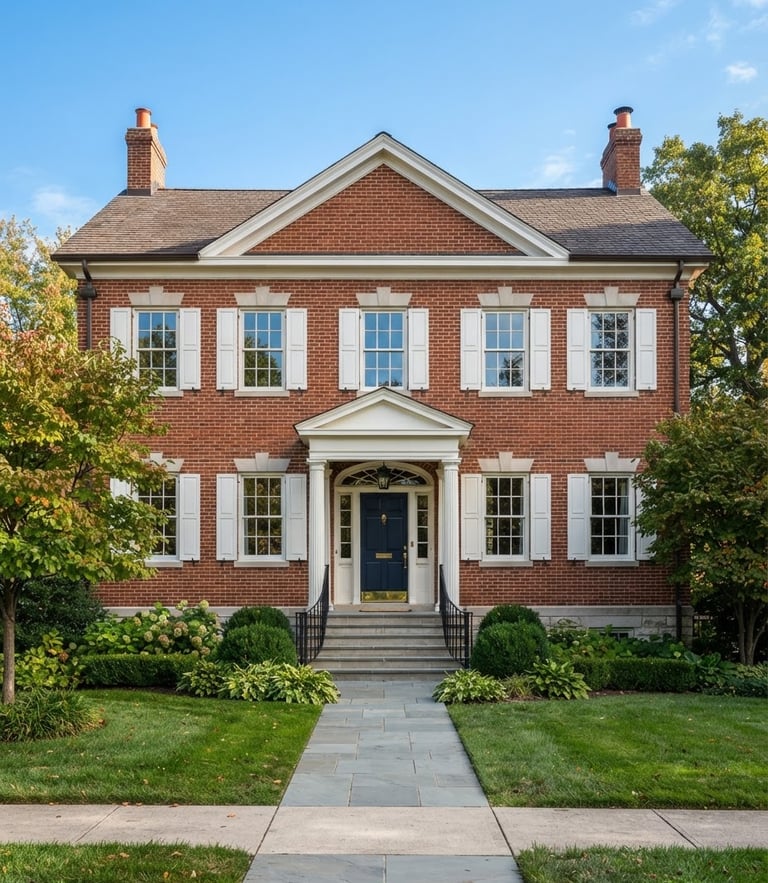 Straight-on architectural photograph of a classic Northern Kentucky brick home exterior in bright, clear morning daylight, sharp focus
