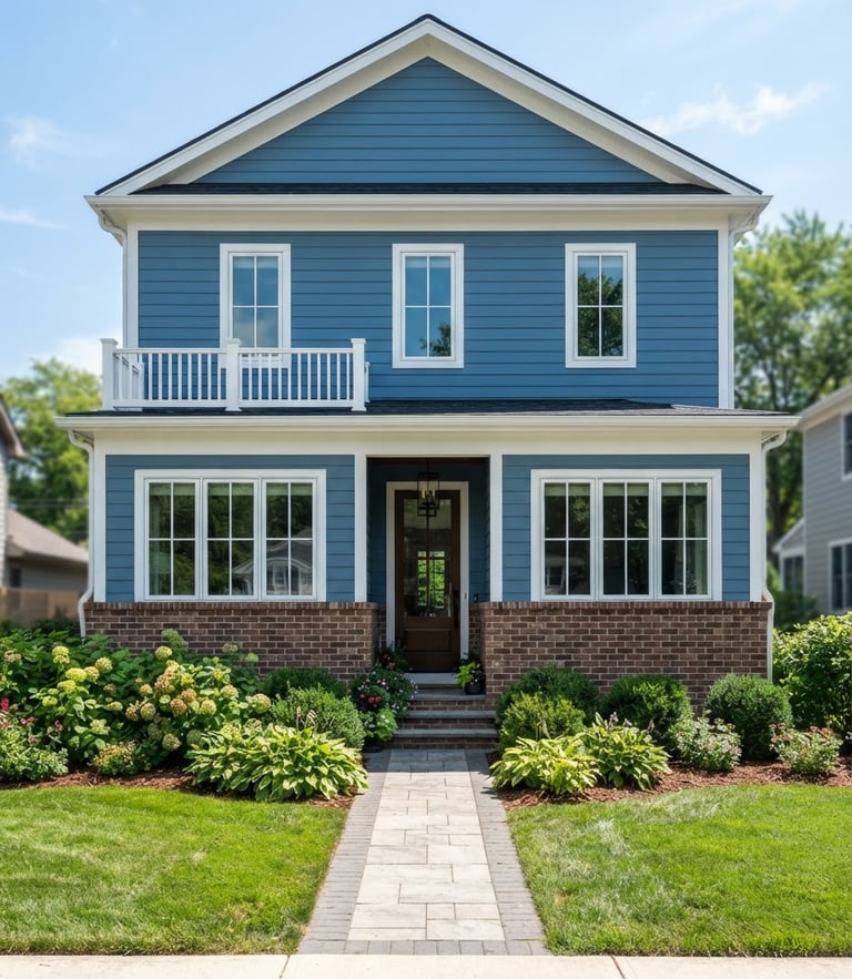 Straight-on eye-level view of a clean, modern home exterior showing a solid brick foundation and crisp blue siding, bright natural daylight, 35mm lens.