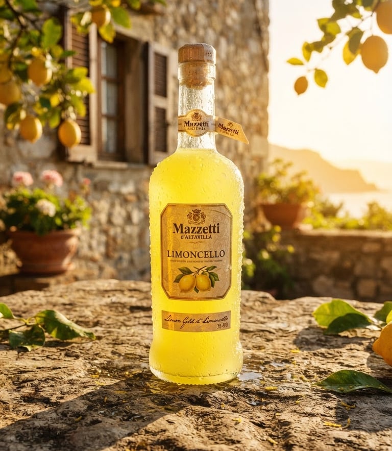 Close-up of a condensation-beaded bottle of Mazzetti limoncello on a rustic stone table, bright golden-hour sunlight, sharp dramatic shadows, warm editorial photography, 35mm